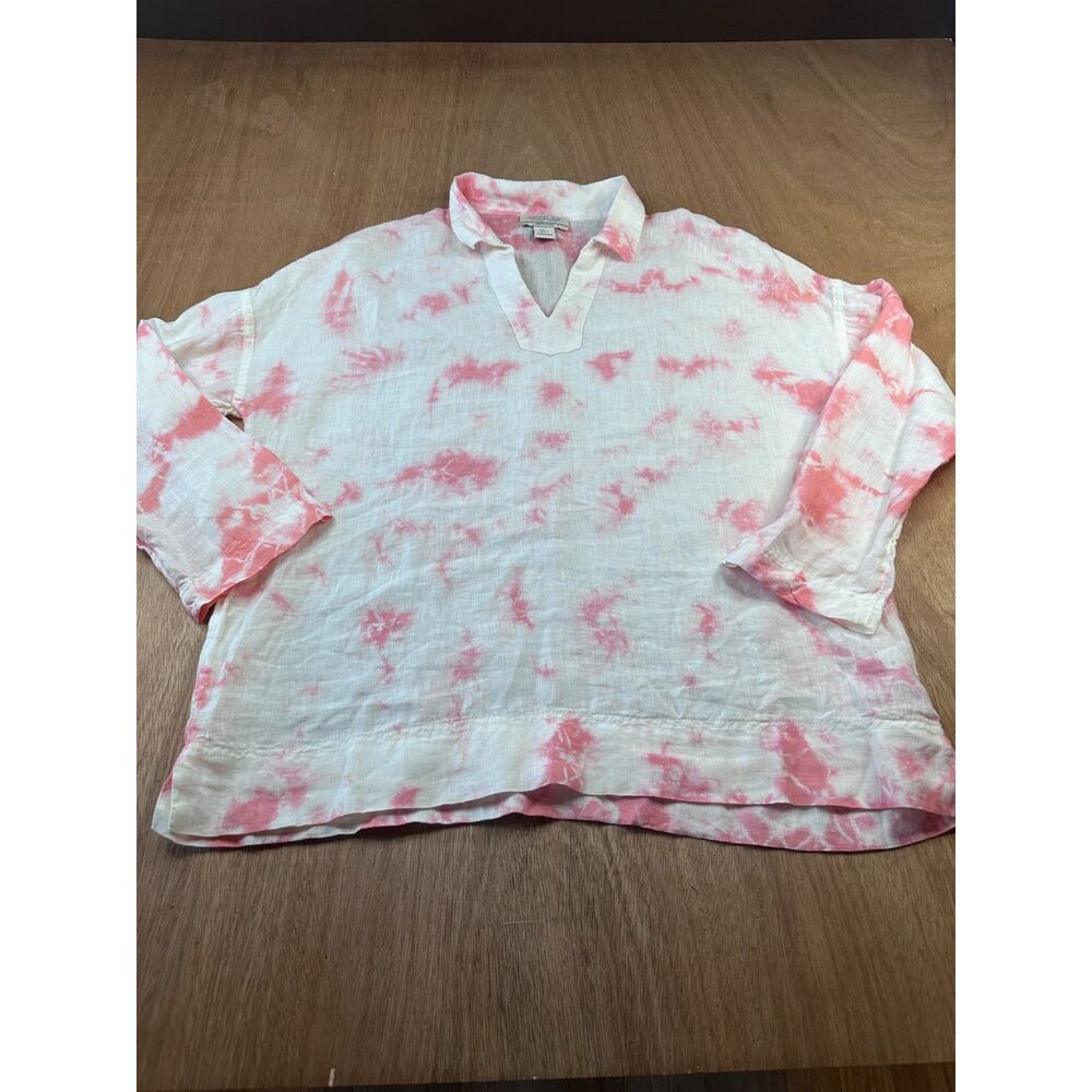 Rachel Zoe Women’s 100% Linen Top Large Pink White Tie Dye V-Neck Long Sleeve